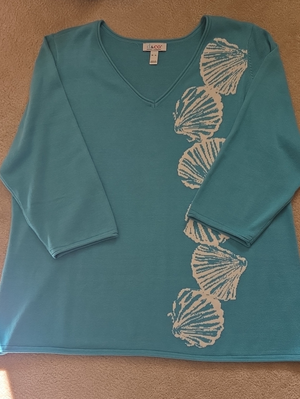 d. & Co. Teal V-Neck Long Sleeve Shell-Print Top
